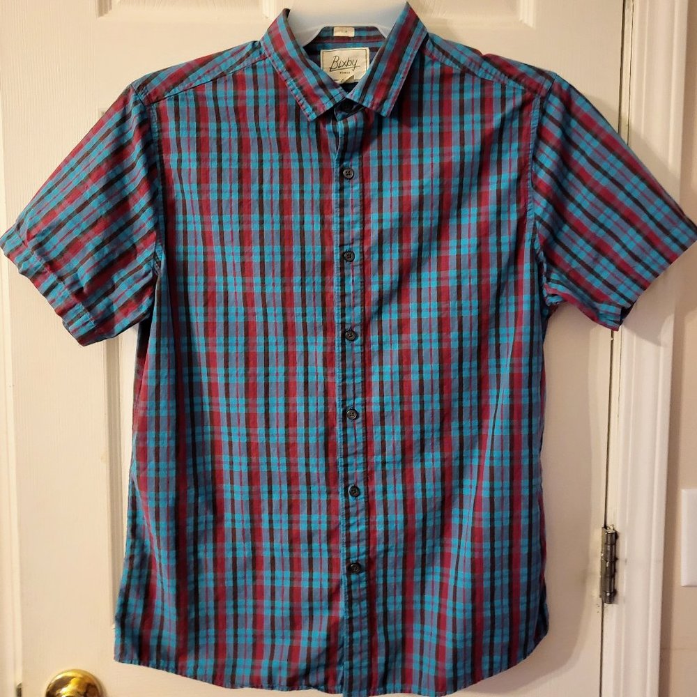 Beautiful Blue Plaid Men's Shirt Sz Large by Bixby (blue & magenta/purple plaid)
